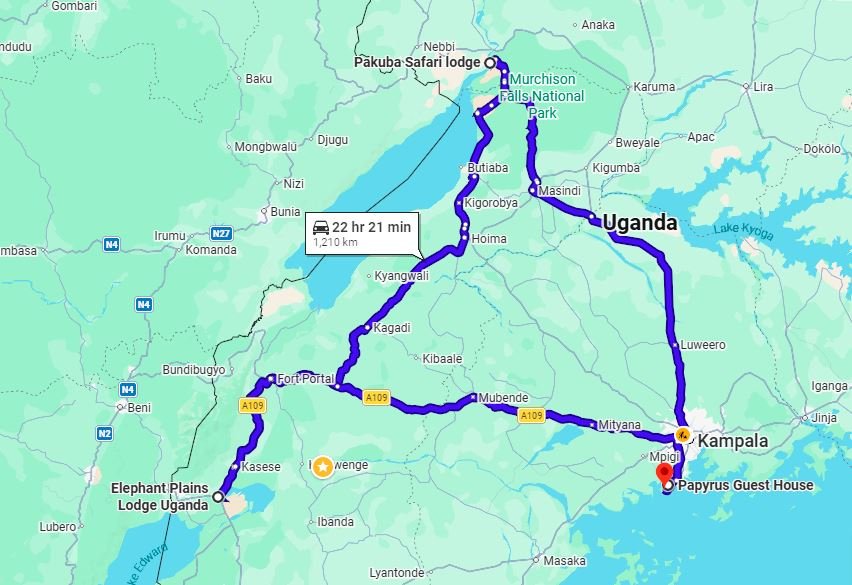 Route map for the 16 Day Ultimate Uganda Birding Safari featuring Mabamba, Murchison Falls and Albertine Rift birding sites
