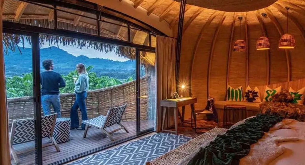Honeymoon Gorilla Safari Uganda featuring a romantic luxury lodge overlooking Bwindi’s misty rainforest