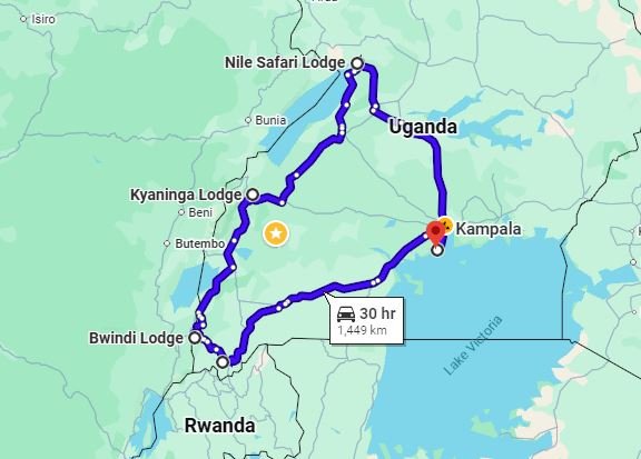 Safari route map for the 12 Day Luxury Best of Uganda Safari featuring Bwindi, Kibale, Queen Elizabeth and Murchison Falls National Parks