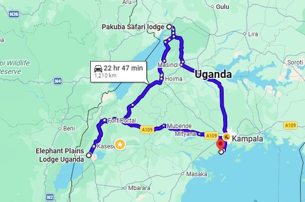 Uganda Wildlife Safari itinerary route map featuring Murchison Falls, Kibale Forest and Queen Elizabeth National Park