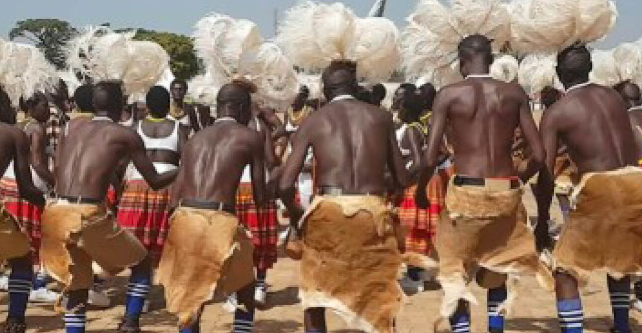 Traditional Acholi dancers performing the Bwola royal dance in the Acholi Region of Northern Uganda.