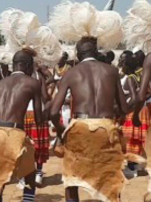Traditional Acholi dancers performing the Bwola royal dance in the Acholi Region of Northern Uganda.