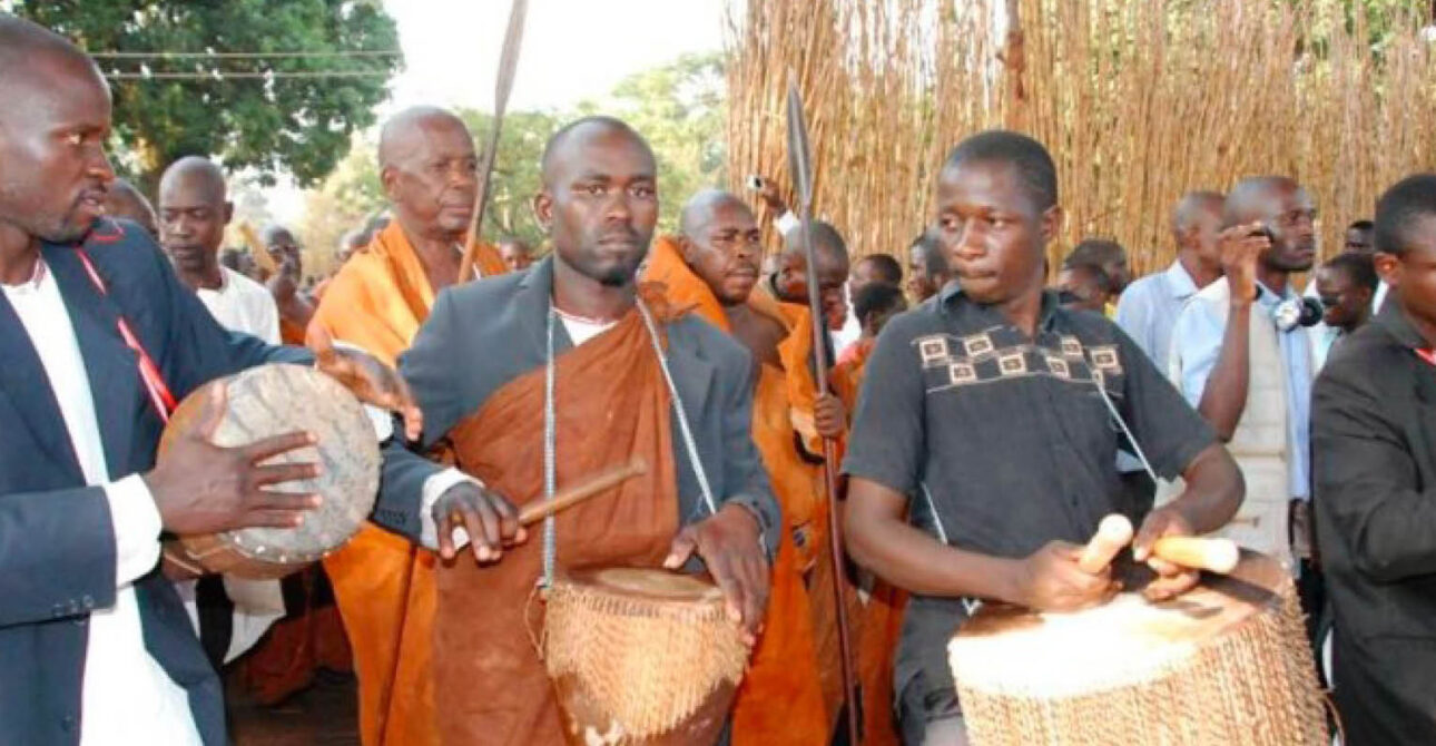 Traditional drummers performing during a royal cultural ceremony in the Bunyoro Kingdom, Uganda.
