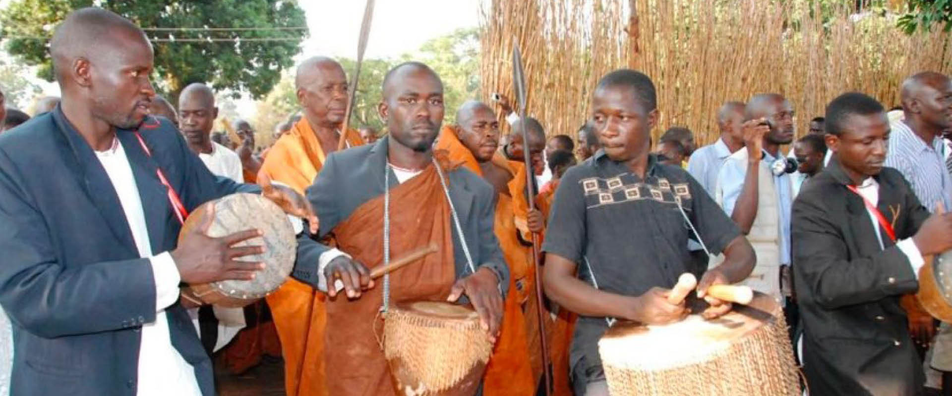 Traditional drummers performing during a royal cultural ceremony in the Bunyoro Kingdom, Uganda.