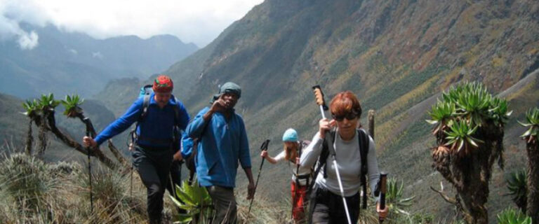 Visitors enjoying a guided hiking adventure in Uganda’s scenic mountain landscape