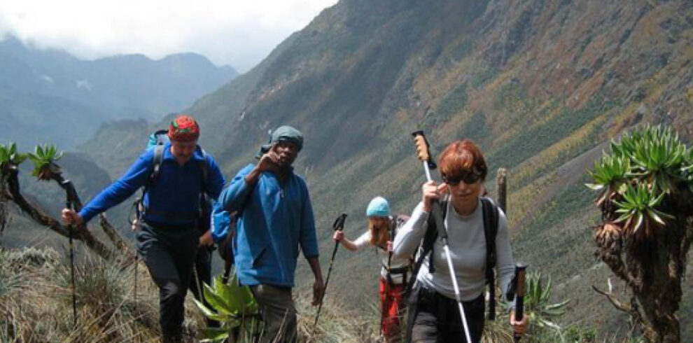 Visitors enjoying a guided hiking adventure in Uganda’s scenic mountain landscape