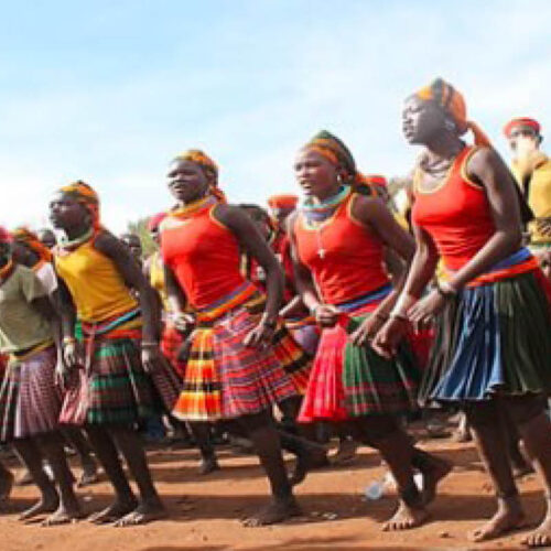 Traditional handmade baskets, pottery, wood carvings and artisan crafts displayed during a craft workshop in Uganda