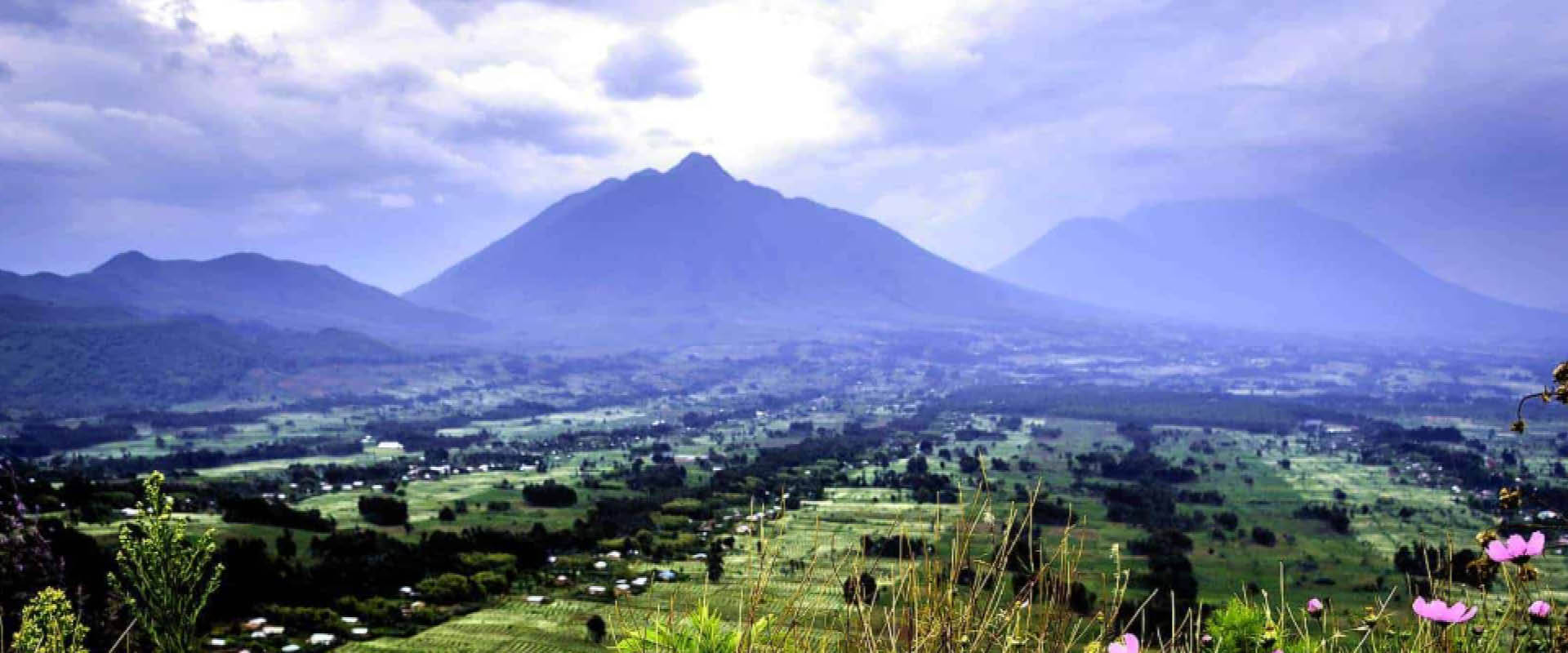 Scenic view of Volcanoes National Park and the Virunga Mountains in Rwanda, the Land of a Thousand Hills