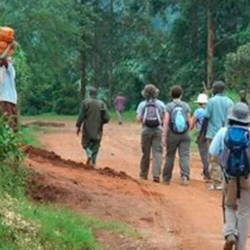 Visitors enjoying a guided village walk through a rural community during a Cultural Safari in Uganda