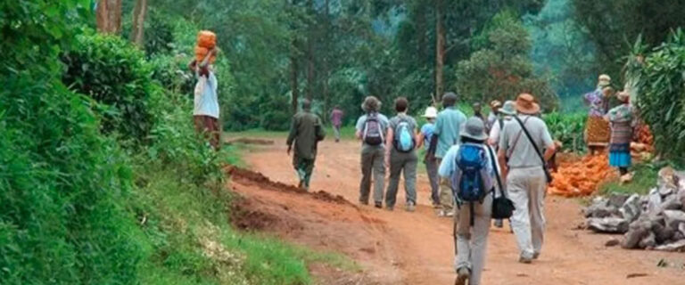 Visitors enjoying a guided village walk through a rural community during a Cultural Safari in Uganda