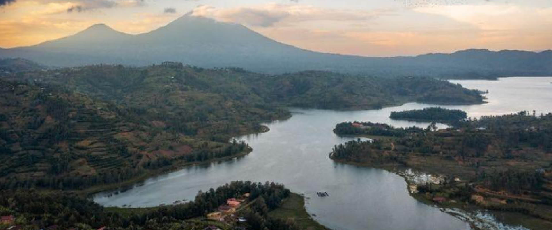 Rwanda safari destinations with Volcanoes and scenic lake Chahafi