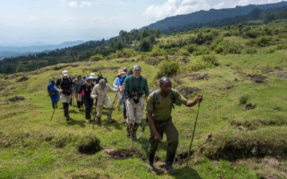 Hikers exploring a mountain trail in Volcanoes National Park, Rwanda