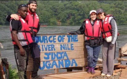 Visitors at the Source of the Nile in Jinja, Uganda.