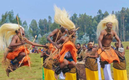Traditional Intore dancers performing during a cultural experience in Rwanda