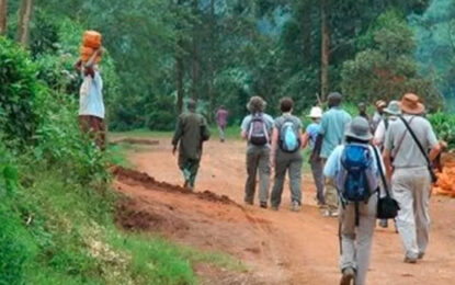 Travellers walking through a rural community during a village walk