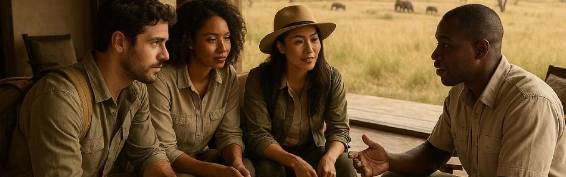 Safari guide discussing a map with three travellers at a lodge overlooking an African savannah landscape.