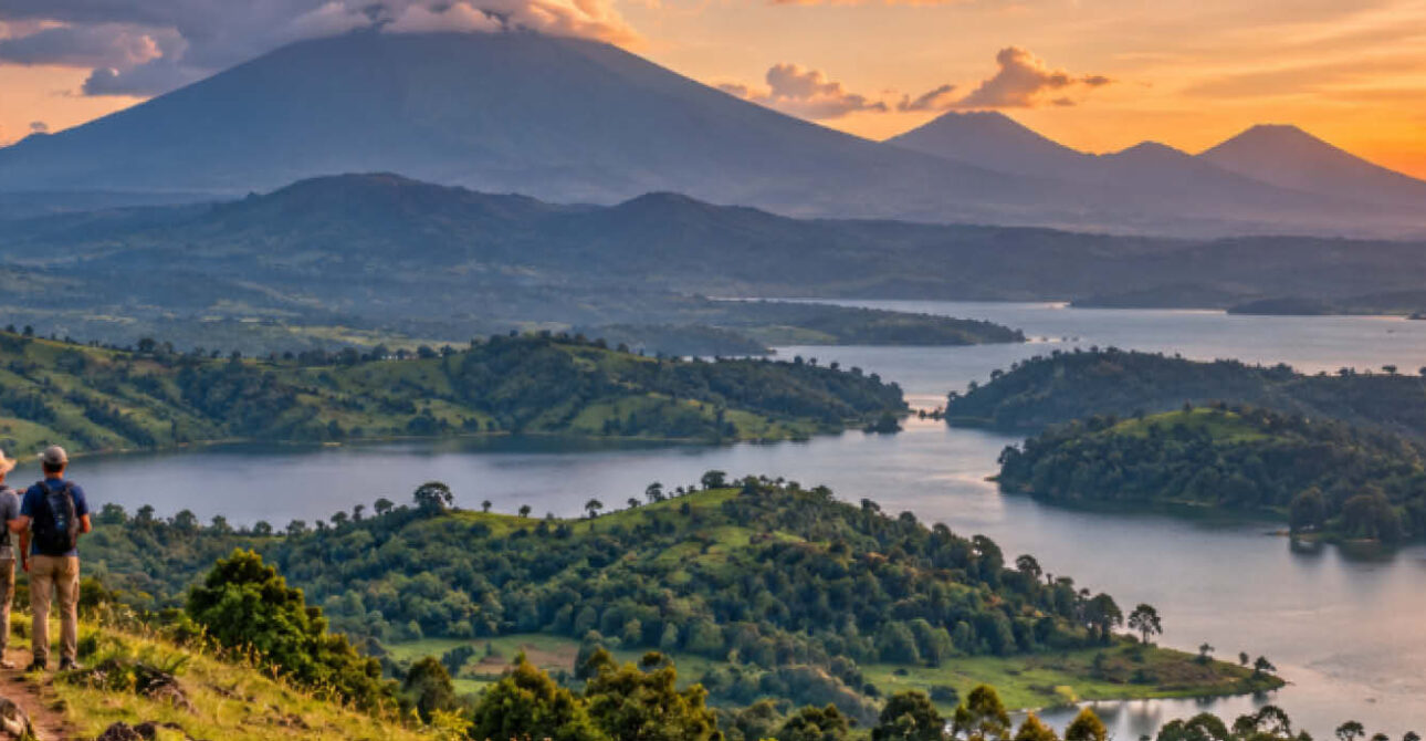 Two distant travellers overlooking a scenic lake and mountainous landscape at sunset