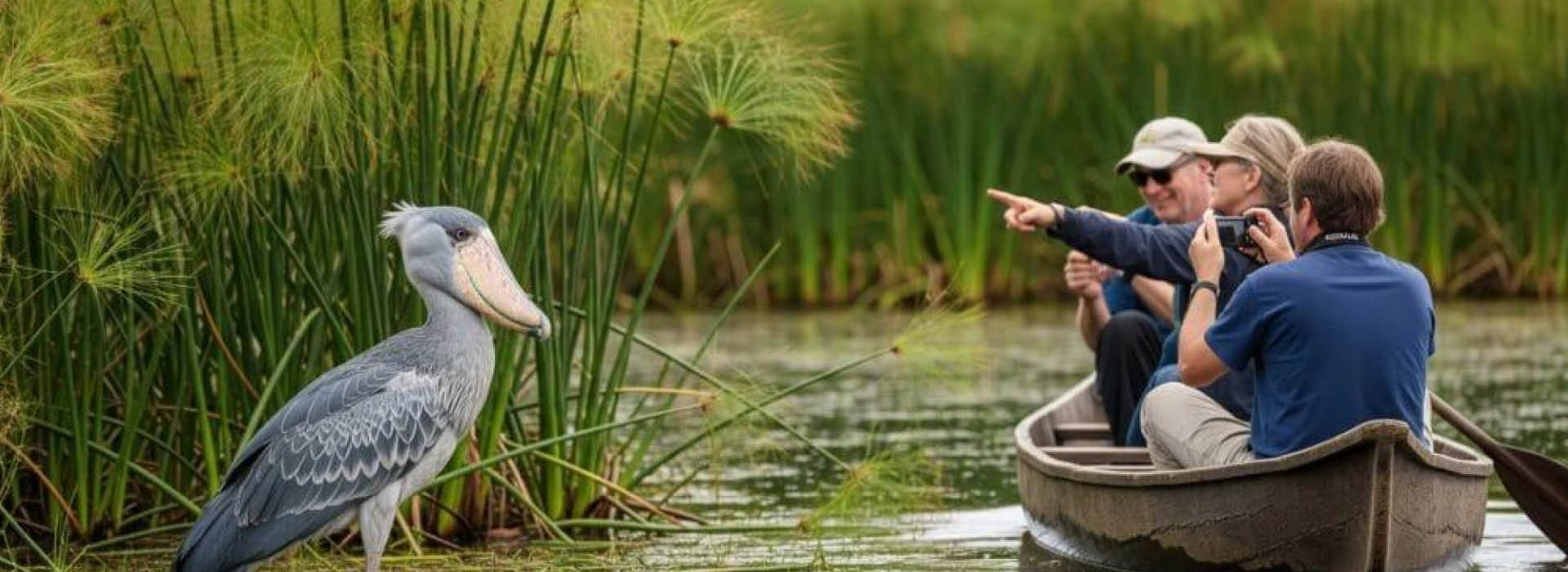 Uganda birding with Shoebill viewing from a canoe in a wetland